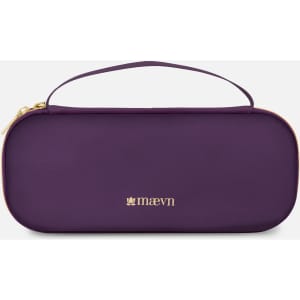 A purple stethoscope case with a handle and a gold logo on the front. Smooth exterior and zippered closure.