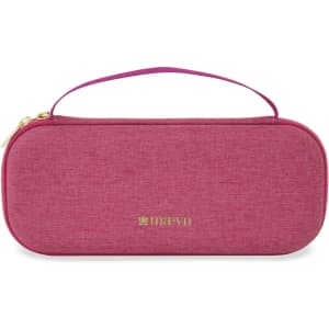 A pink stethoscope case with a zipper and a handle, featuring a gold logo.