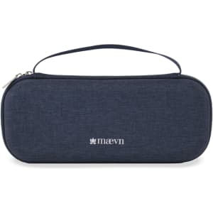 A navy blue stethoscope case with a zippered closure and a carry handle, featuring a logo on the front.