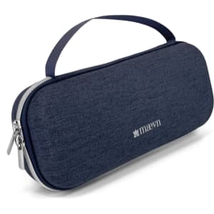 A navy blue stethoscope case with a zippered closure and a handle, featuring a branding logo.