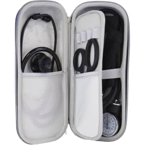A stethoscope case in navy blue and white, containing a stethoscope, scissors, and blood pressure cuff.