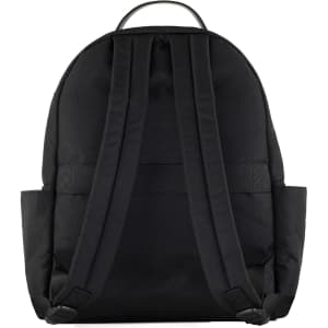 A black utility backpack with padded shoulder straps and side pockets. It features a logo on the front.