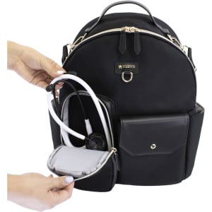 A black utility backpack with a gold zipper, featuring a stethoscope, pocket, and interior compartments.