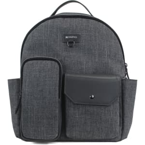 A grey utility backpack with multiple pockets and a logo, featuring a sleek design and a modern aesthetic.