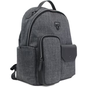 A grey utility backpack with multiple compartments and a front pocket, featuring a branded logo.