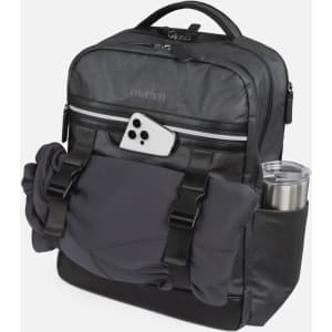 A grey utility backpack with side pockets, featuring a drink bottle and a tucked-in garment. It has a brand logo.