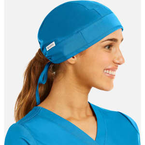 A unisex scrub cap in bright blue fabric, featuring a logo, designed for medical uniforms.