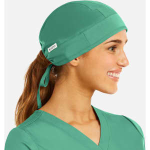 A unisex scrub cap in vibrant green, featuring a logo and designed for comfort and fit.