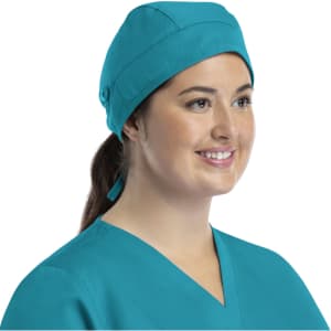 A unisex scrub cap in teal with buttons, designed for comfort and functionality.