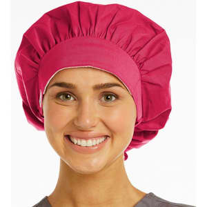 A unisex bouffant scrub cap in vibrant pink, designed for comfortable wear. The cap features an elastic band for secure fit.