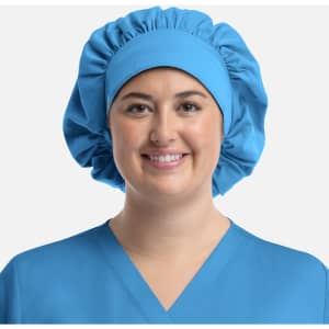A unisex bouffant scrub cap in vibrant blue, featuring a broad, gathered band and soft fabric.