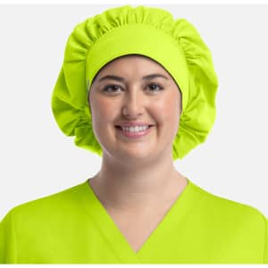 A unisex bouffant scrub cap in bright lime green fabric, featuring a gathered design.