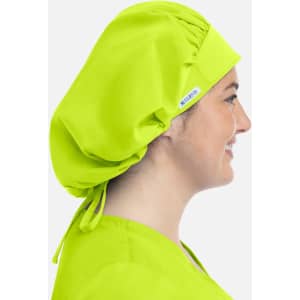 A unisex bouffant cap in bright lime green, featuring a logo and ties at the back for an adjustable fit.