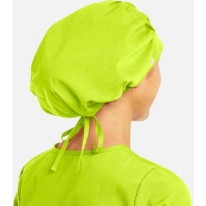 A bright lime green unisex bouffant cap with a gathered design and tie-back feature.