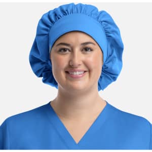 A unisex bouffant scrub cap in bright blue, featuring a gathered design and a fitted upper section.