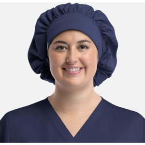 A unisex bouffant scrub cap in navy blue featuring a gathered elastic band and a fitted design.