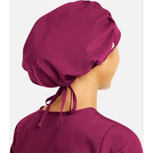 A unisex bouffant scrub cap in deep burgundy, featuring a tied back design and a smooth finish.