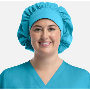 A unisex bouffant scrub cap in bright turquoise, featuring an elasticated band for a secure fit.