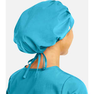A turquoise unisex bouffant scrub cap with a tie at the back, part of a uniform collection.