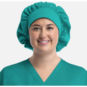 A unisex bouffant scrub cap in vibrant teal, featuring a gathered design for a comfortable fit.