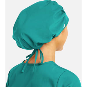 A unisex bouffant scrub cap in teal, featuring a gathered design and adjustable ties at the back.