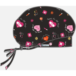 A printed unisex bouffant cap in black featuring various multi-coloured patterns and a tie at the back.