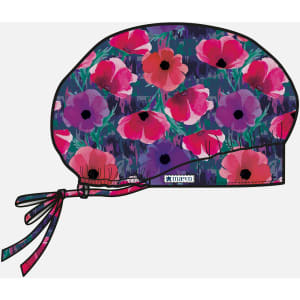A printed unisex bouffant cap featuring a floral design with purple, pink, and red flowers. It has a drawstring for adjustment.