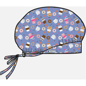 A printed unisex bouffant cap in blue with patterns of drinks and sweets, featuring an adjustable tie.