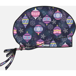 A printed unisex bouffant cap featuring a festive pattern of colourful ornaments on a dark background with ties.