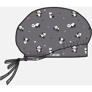 A printed unisex bouffant cap in grey featuring a panda pattern and a tie at the back. Logo included.