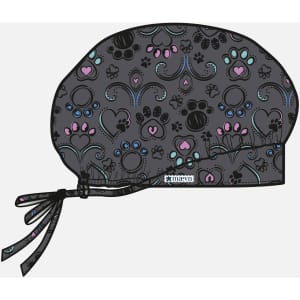 A printed unisex bouffant cap in grey featuring a colourful pattern of hearts and paw prints. It has a tie strap.