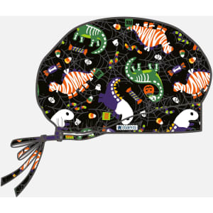 A printed unisex bouffant cap featuring a colourful design with various animals and Halloween themes on a black background.