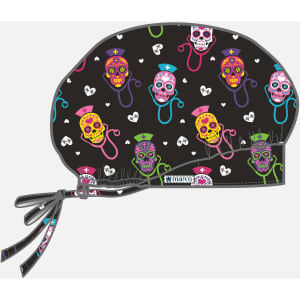 A printed unisex bouffant cap featuring a black background with vibrant sugar skull designs in various colours.