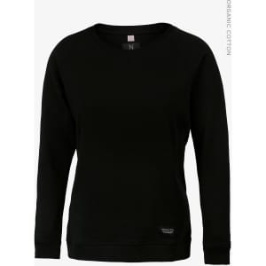 A black sweatshirt featuring a crew neckline and long sleeves, made from organic cotton, with a small logo detail.