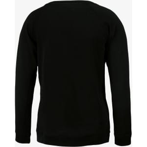 A black sweatshirt with a rounded neckline and long sleeves, featuring a logo on the back.