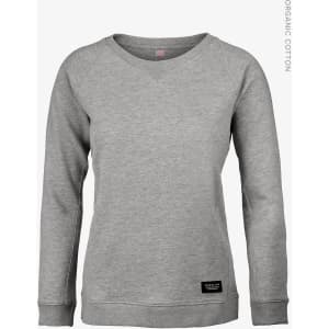A grey women's sweatshirt with long sleeves, featuring a round neckline and a logo on the front.