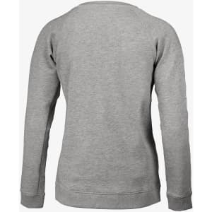 A grey women's sweatshirt featuring a simple design and long sleeves. It includes a logo on the back.