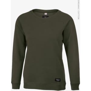 A green women's sweatshirt featuring a v-neck design and a logo label on the front.