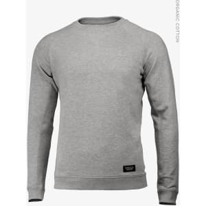 A grey sweatshirt featuring long sleeves and a crew neck, with a small logo on the lower section.