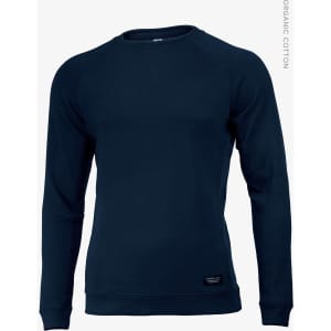 A navy sweatshirt featuring long sleeves and a round neck, with a logo on the lower front.