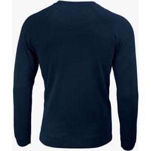 A navy blue sweatshirt with a classic crew neck and raglan sleeves. It features a logo on the back.