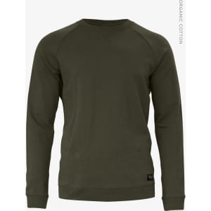 A green sweatshirt with long sleeves and a round neckline, featuring a logo on the lower front.