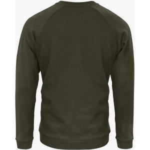 A men’s sweatshirt in a dark green colour, featuring a simple design with a logo on the back.