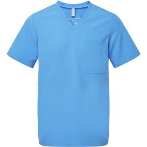 A blue Limitless Stretch Tunic with a V-neck and a front pocket, featuring a logo on the tag.