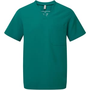 A teal short-sleeved tunic with a V-neck and a chest pocket, featuring a branded label inside.
