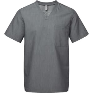 A grey tunic featuring a V-neck and short sleeves, with a pocket on the left side. Includes a brand logo.