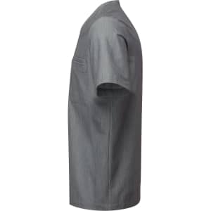 A grey tunic with short sleeves and a pocket, featuring a logo on the side.