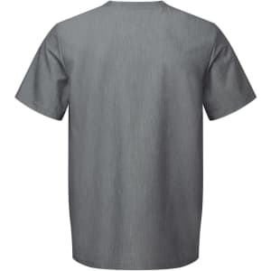 A grey tunic with a simple design and short sleeves, featuring a logo on the back.