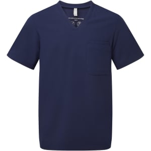 A navy blue tunic with a V-neck design and a chest pocket, featuring a logo on the label.