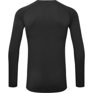 A black long-sleeved baselayer shirt featuring a fitted design and raglan sleeves, with a branding logo.